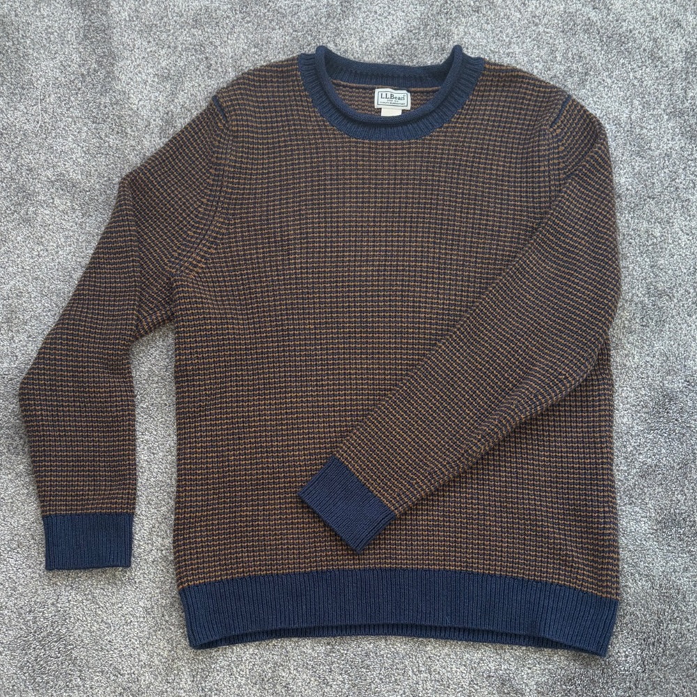 L.L. Bean Men's Navy and Brown Crewneck Sweater